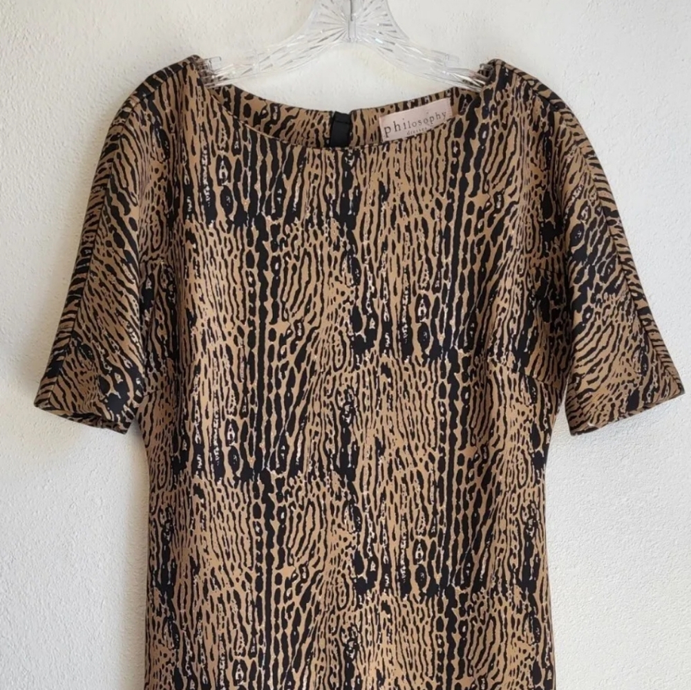 Philosophy Goldish Tan & Black Abstract Animal Print Short Sleeve Sheath Dress - Picture 2 of 14